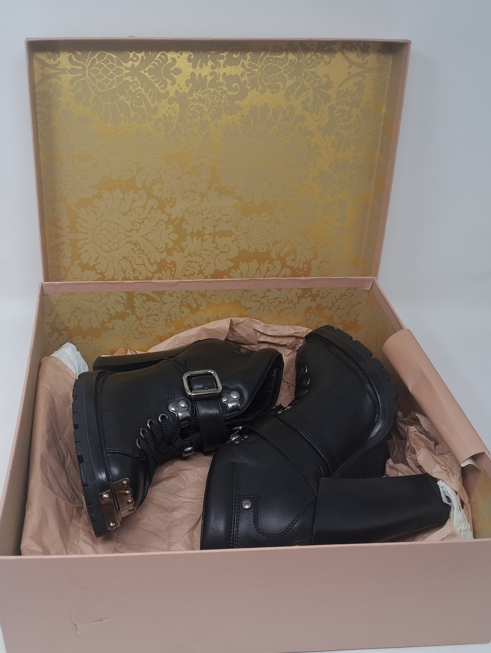 Miu Miu Ankle Combat Boots Moto Black Leather Steel Buckle Block Heels 35.5 IT - Picture 14 of 16